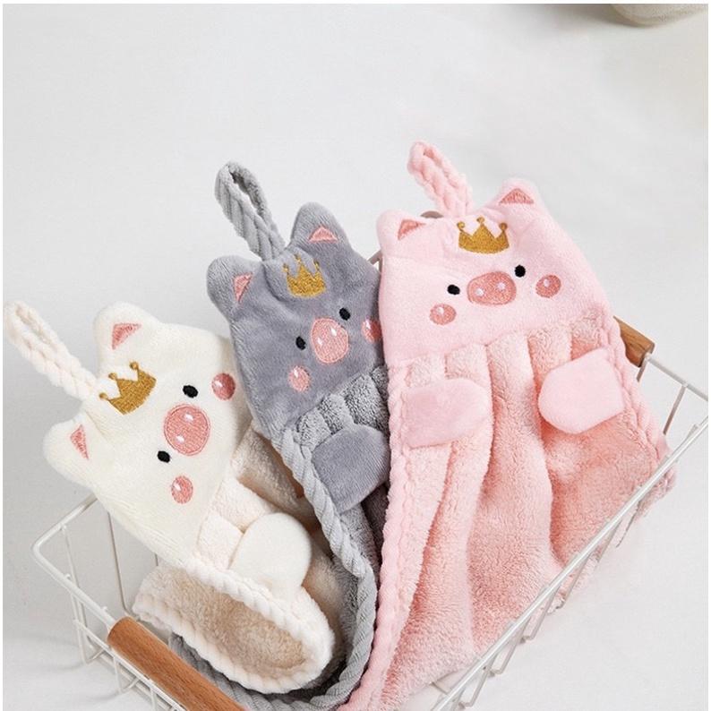 Khăn lau tay nhà bếp có quai treo thêu hoạ tiết HÌNH HEO siêu mềm mại và thấm hút tốt - Khăn lau tay treo tường hình heo