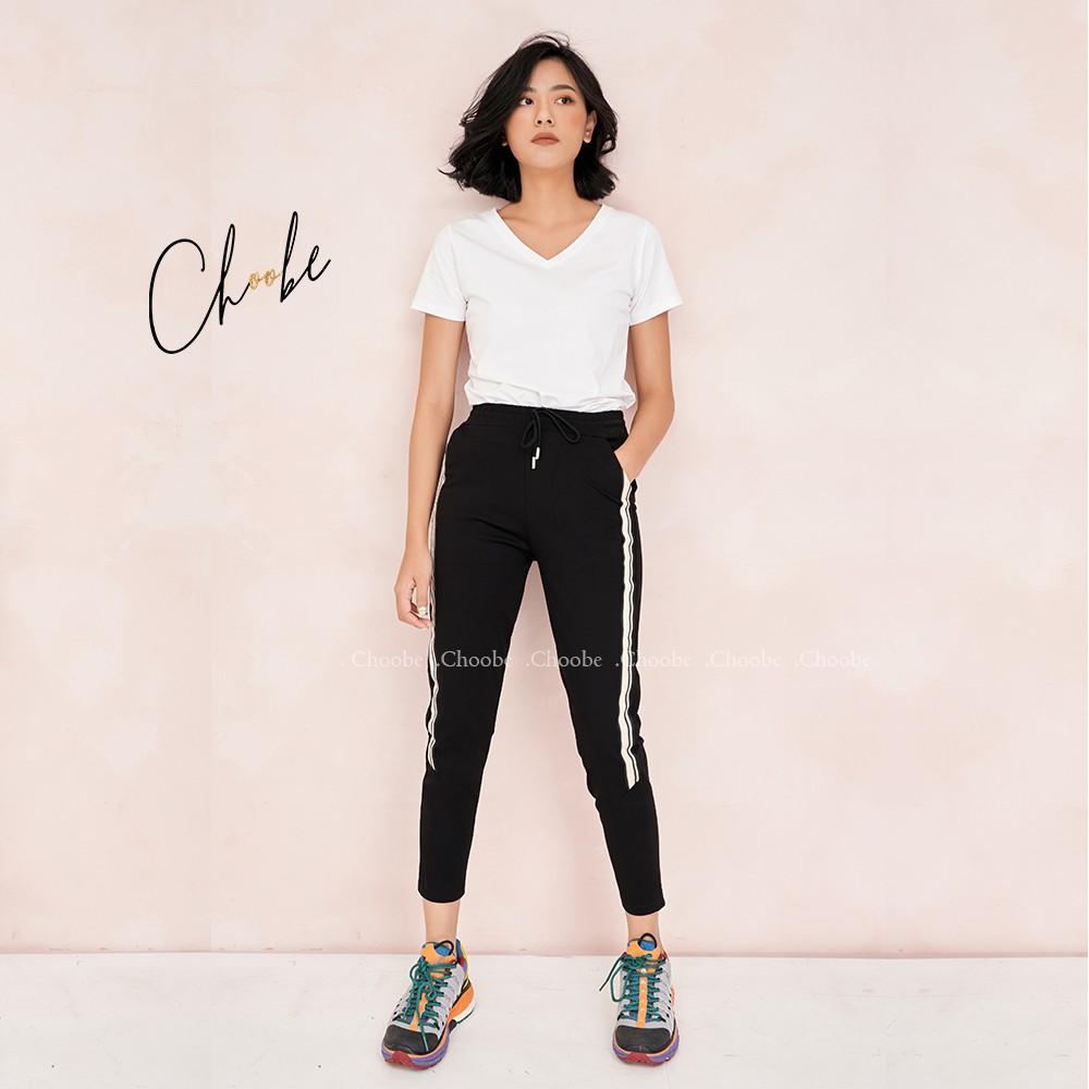 Quần jogger nữ Choobe dáng dài cạp chun dây buộc, kiểu sọc to 2 bên - Q17