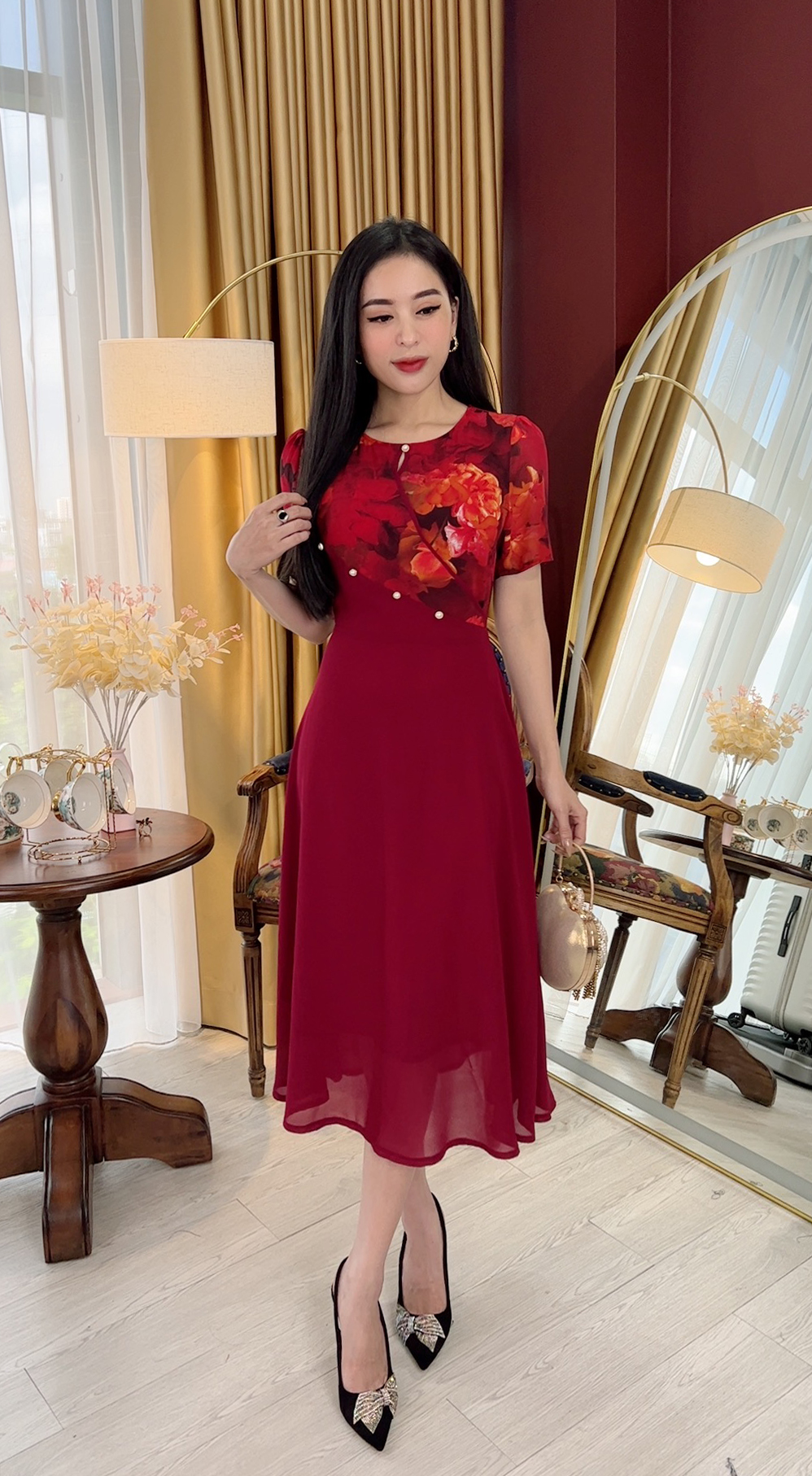 Đầm Đi Tiệc Trung Niên [ Linh Trà ] (TM 736) Cao Cấp Màu Sắc Trẻ Trung Tươi Sáng Họa Tiết Sang Trọng Đi Làm Đi Tiệc