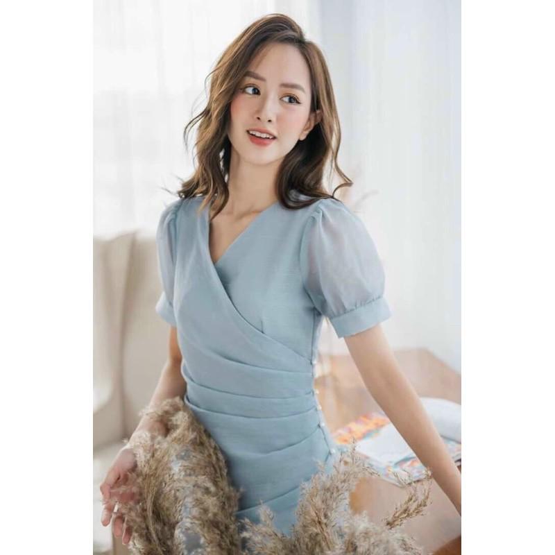 Váy tay bồng xếp li eo đính chuổi