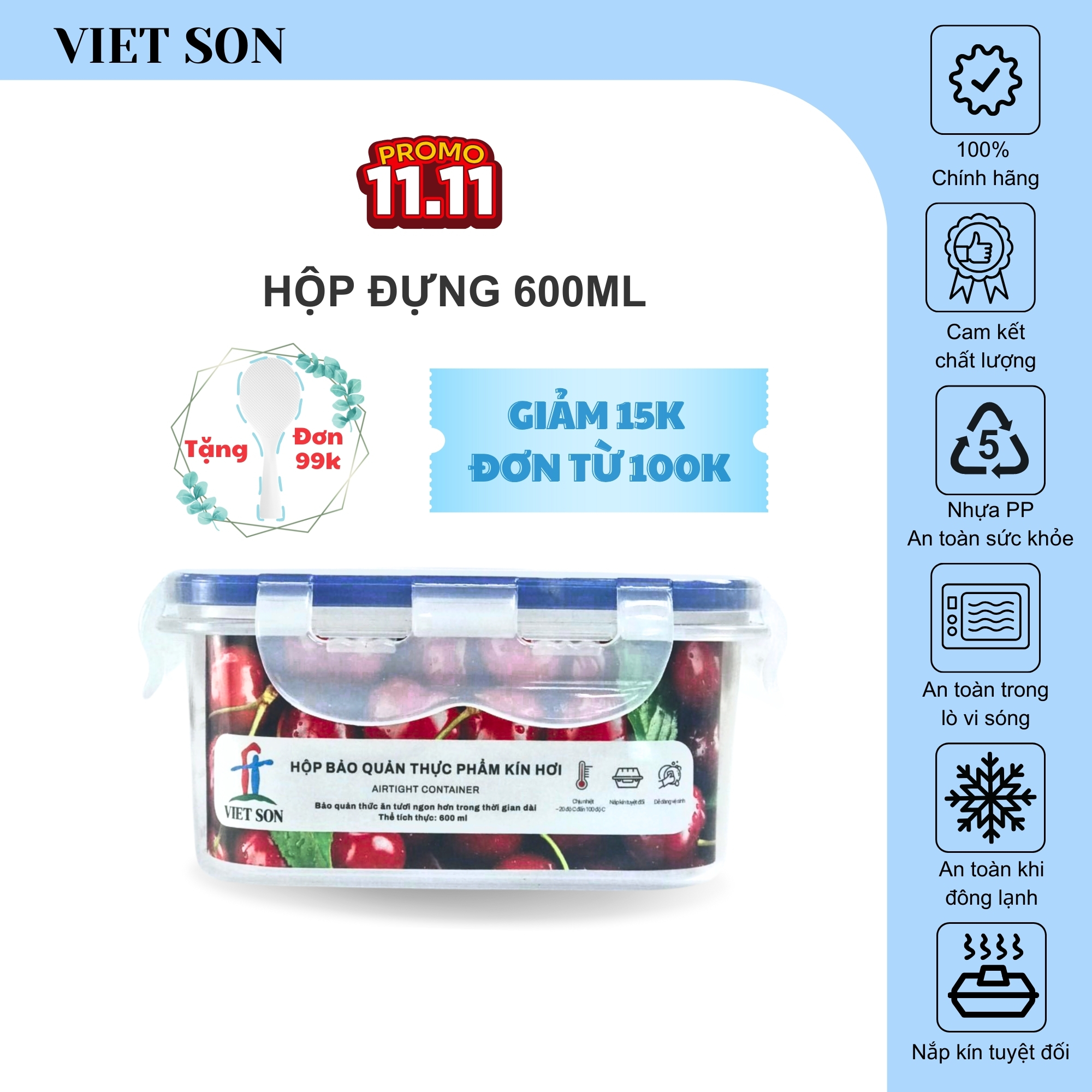 Hộp Đựng Thực Phẩm VIETSON 600ml Nắp Khóa 4 Cạnh Kín Hơi