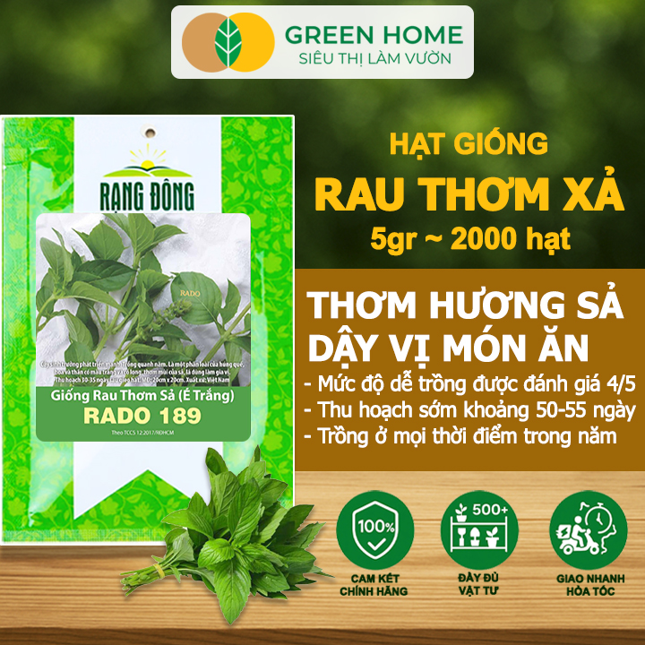 Hạt Giống Rau Thơm Xả (É Trắng) GreenHome, Gói 5g~2000 hạt, Sinh Trưởng Khỏe, Dễ Trồng Quanh Năm G19