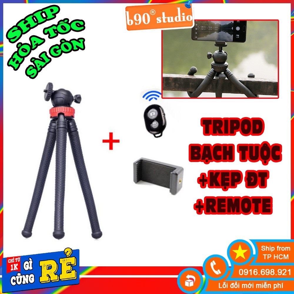 Giá đỡ cho điện thoại dạng tripod 3 chân bạch tuộc uốn dẻo kèm remote bluetooth PK-BT-K2C-RM