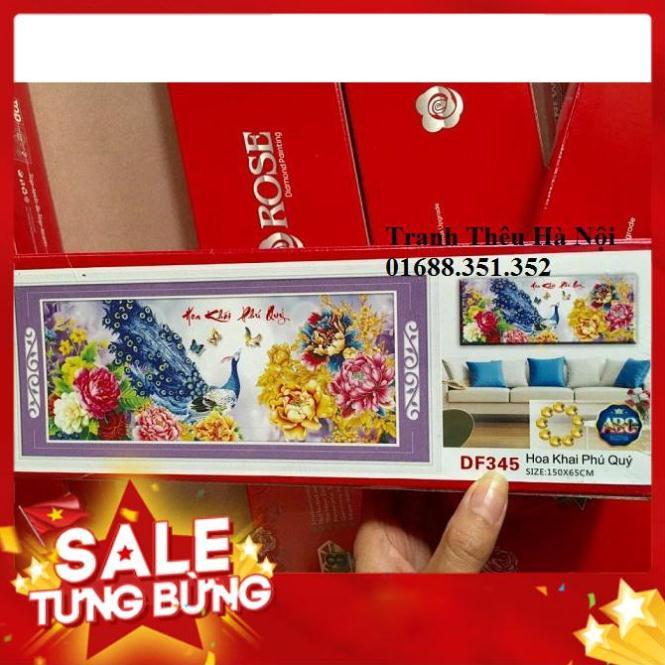 Tranh đính đá chim công hoa mẫu đơn hoa khai phú quý KT 150x65cm