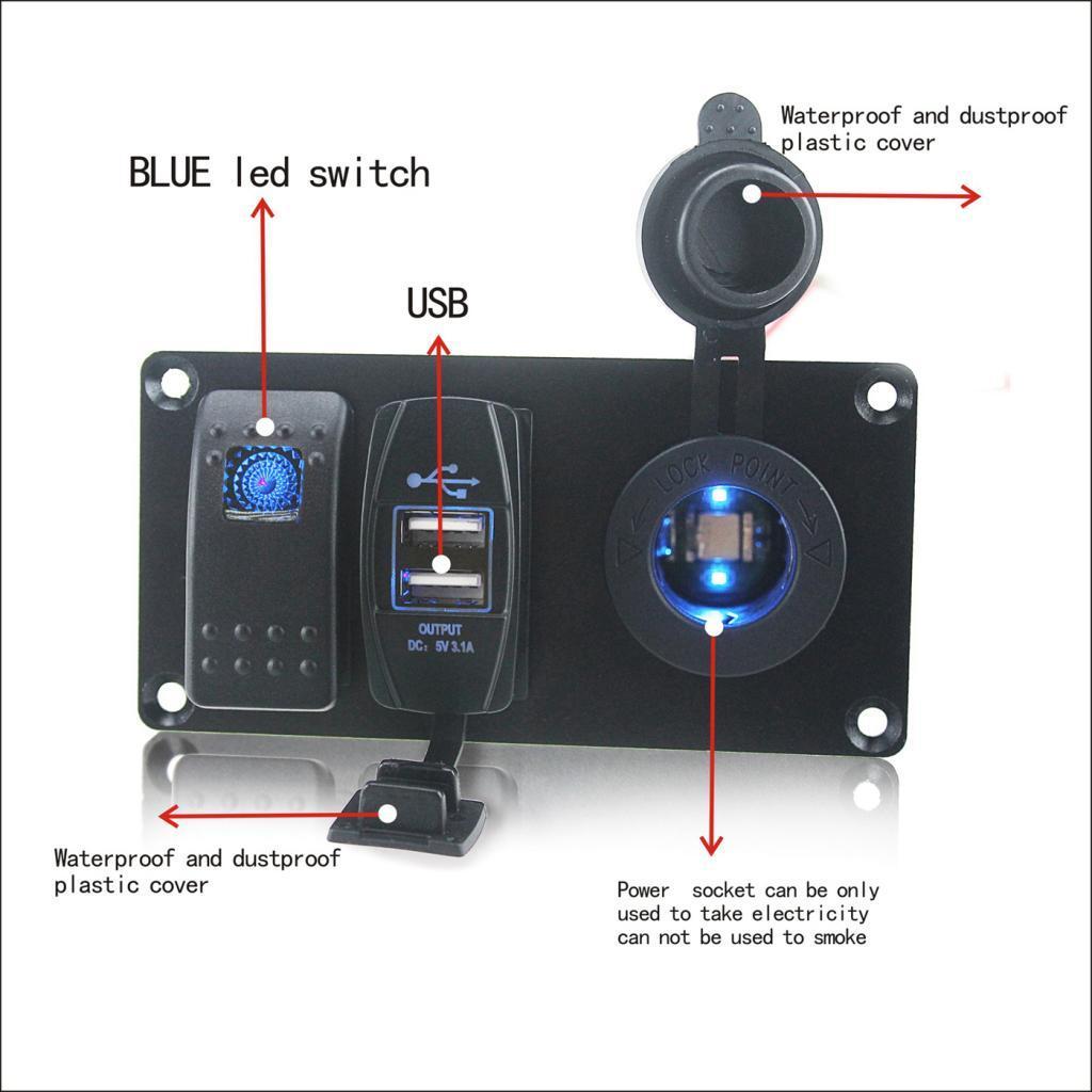 Car Boat Panel Blue Rocker Switch + USB Power Charger + Cigarette Lighter