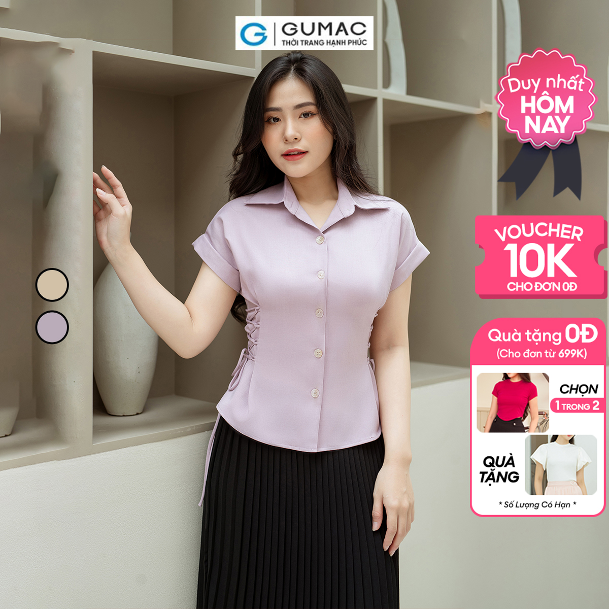Áo kiểu thắt dây eo GUMAC AD08003