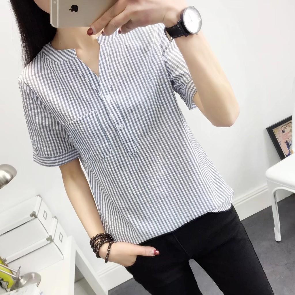 Áo sơ mi nữ Haint Boutique áo cổ tàu thiết kế kẻ sọc nhỏ s51