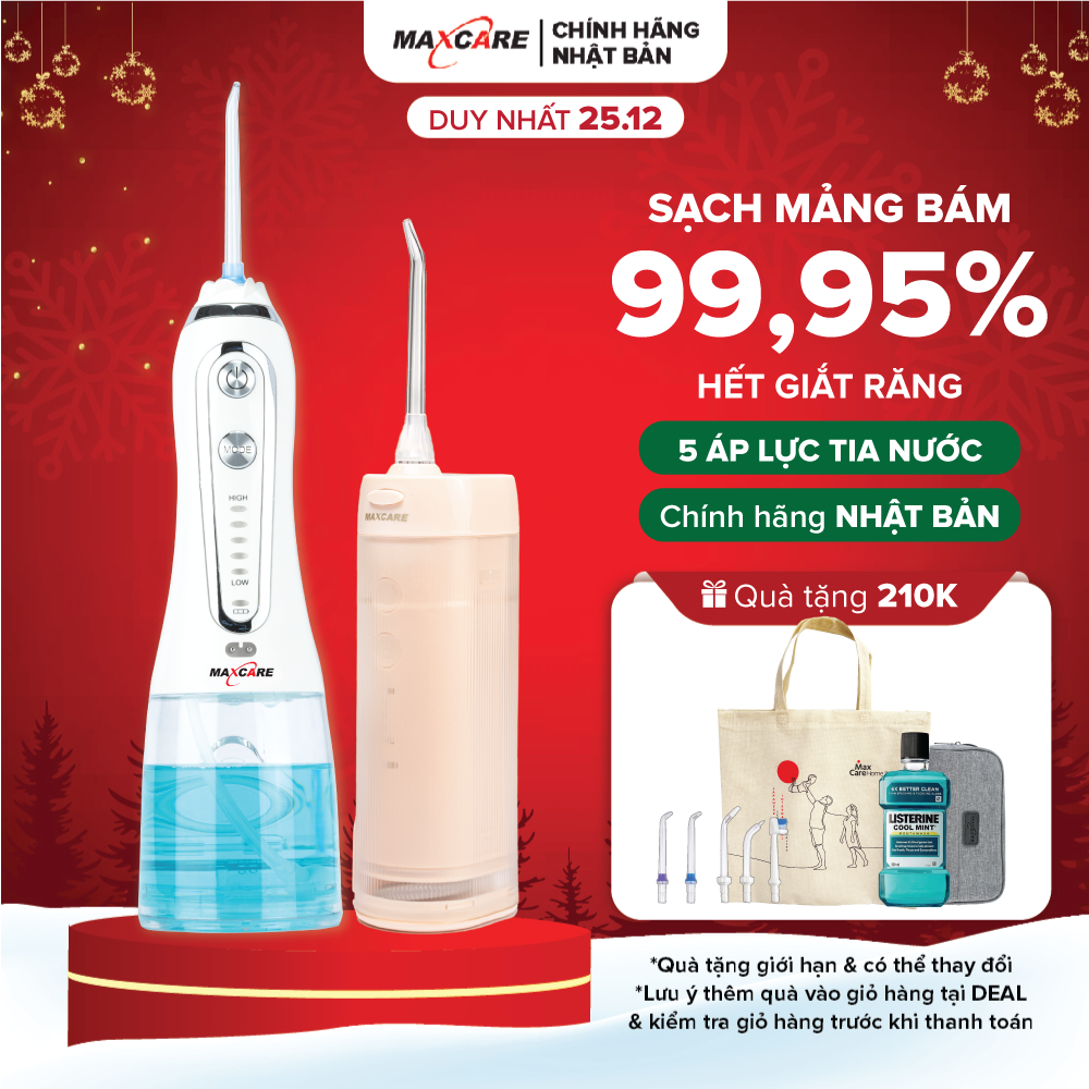 Máy tăm nước cầm tay vệ sinh răng miệng từ Nhật Bản chính hãng Maxcare Max456SE - khoang nước nhỏ gọn 240ml với túi chống sốc đi kèm, dễ mang mang đi, pin sạc dùng trong nửa tháng