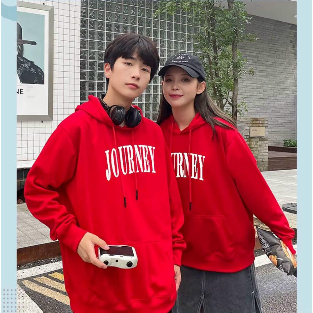 ÁO KHOÁC NỈ HOODIES FORM RỘNG CÓ MŨ HOẠ TIẾT CHỮ JOURNEY MÀU DỎ CỰC ĐẸP , BAO HOT CHO CÁC BẠN TRẺ