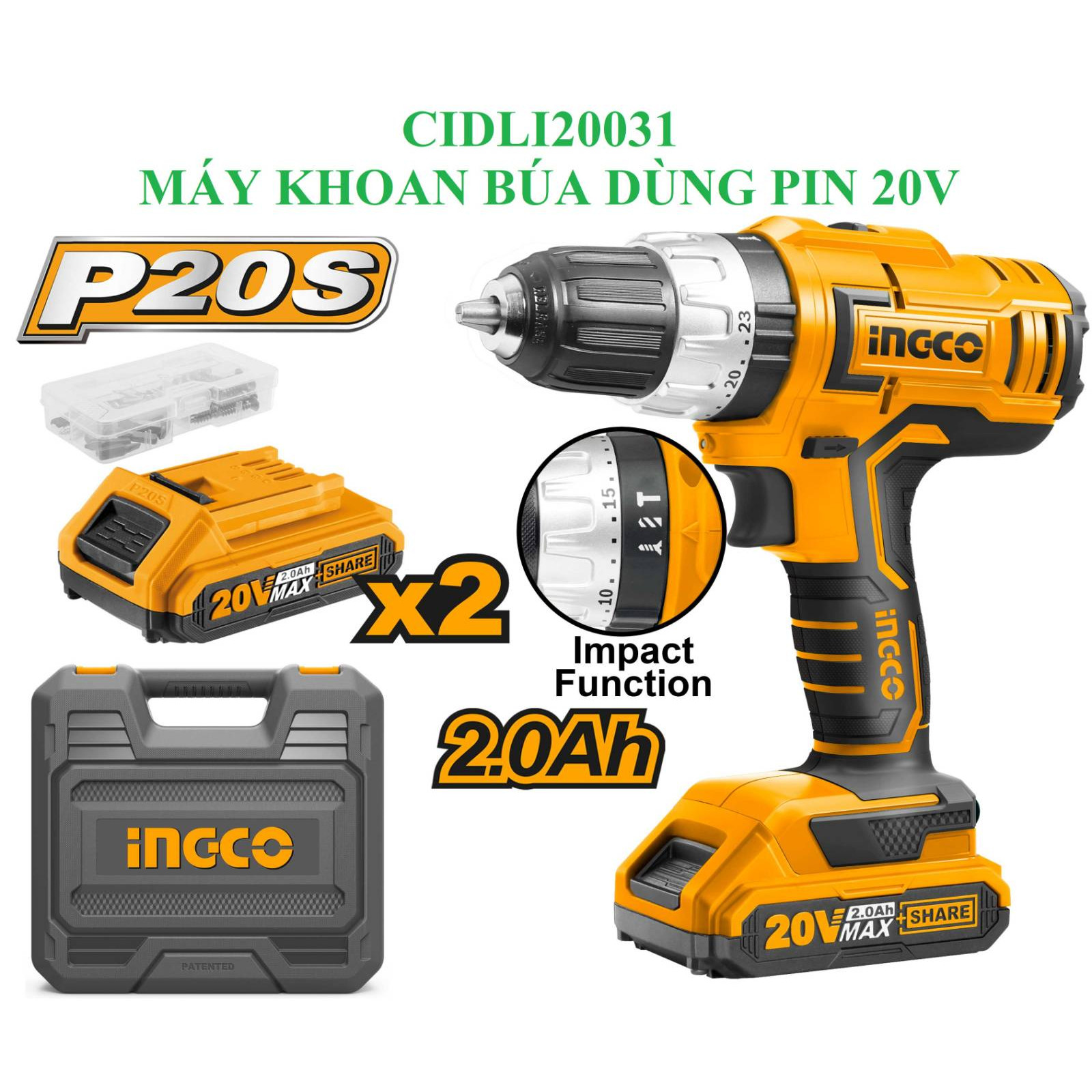 Máy khoan pin 3 chức năng có búa INGCO CIDLI20031 sử dụng pin 20V, lực xoắn 55Nm.