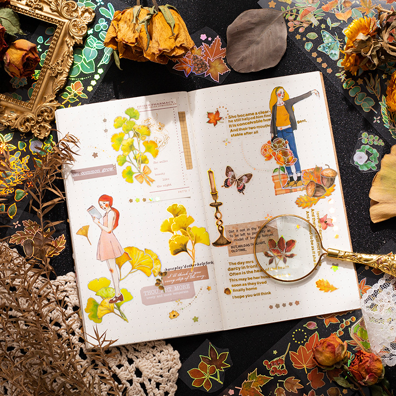 Set 3 sticker dài có ánh nhũ Melody of Leaves trang trí sổ tay, album, điện thoại cute dễ thương B184