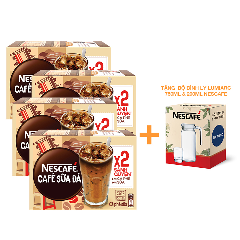 [Tặng Bộ bình ly Lumiarc 750ml & 200ml NESCAFE] Combo 4 Hộp Cà phê sữa NESCAFÉ (Hộp 10 gói x 24 g)