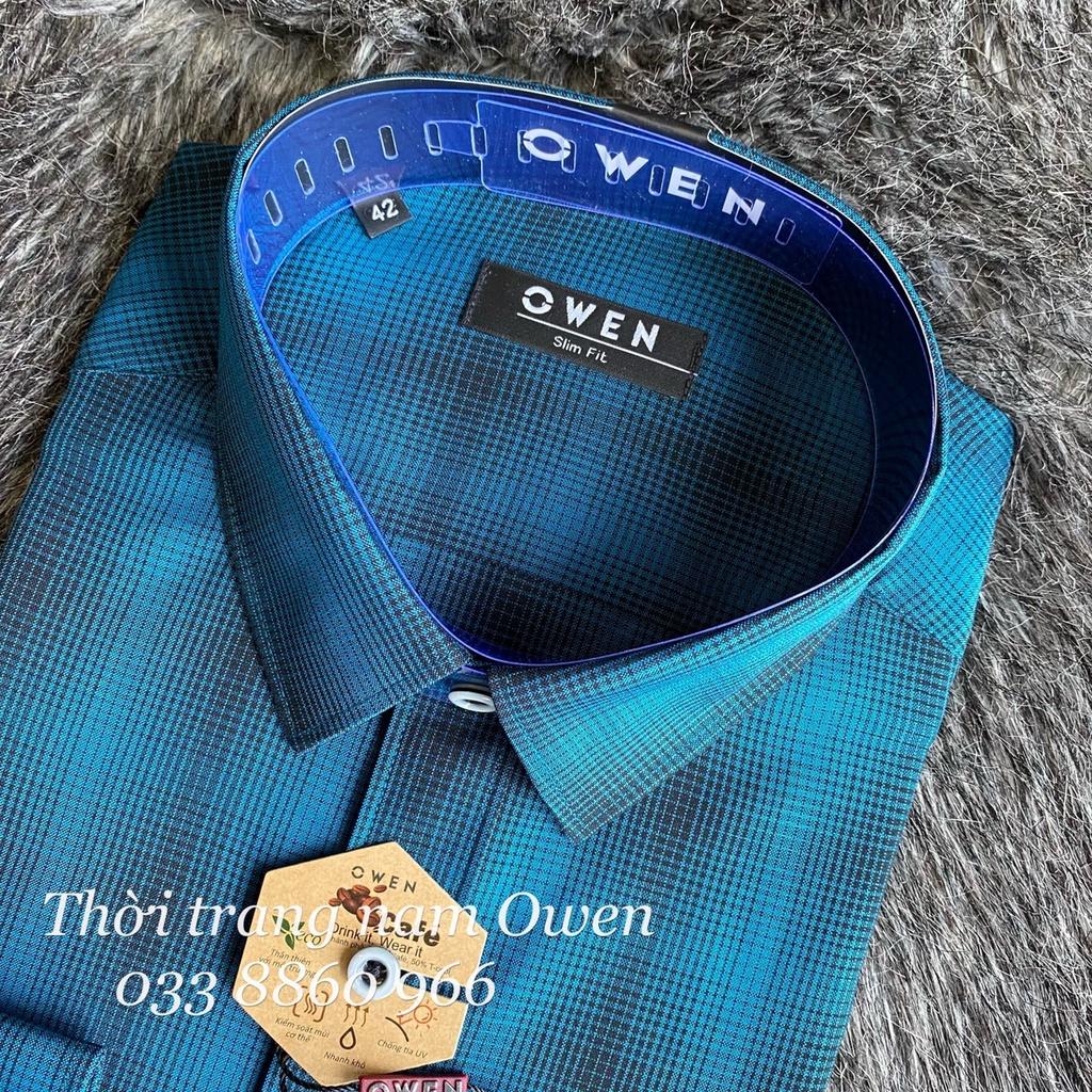 OWEN - Áo sơ mi dài tay Owen Slimfit chất cafe không nhăn kẻ ca rô xanh 23353