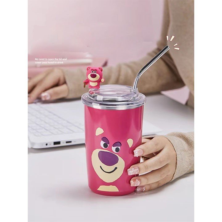 Ly giữ nhiệt gấu dâu chất liệu inox dung tích 450ml giữ nhiệt nóng lạnh 10h kèm ống hút