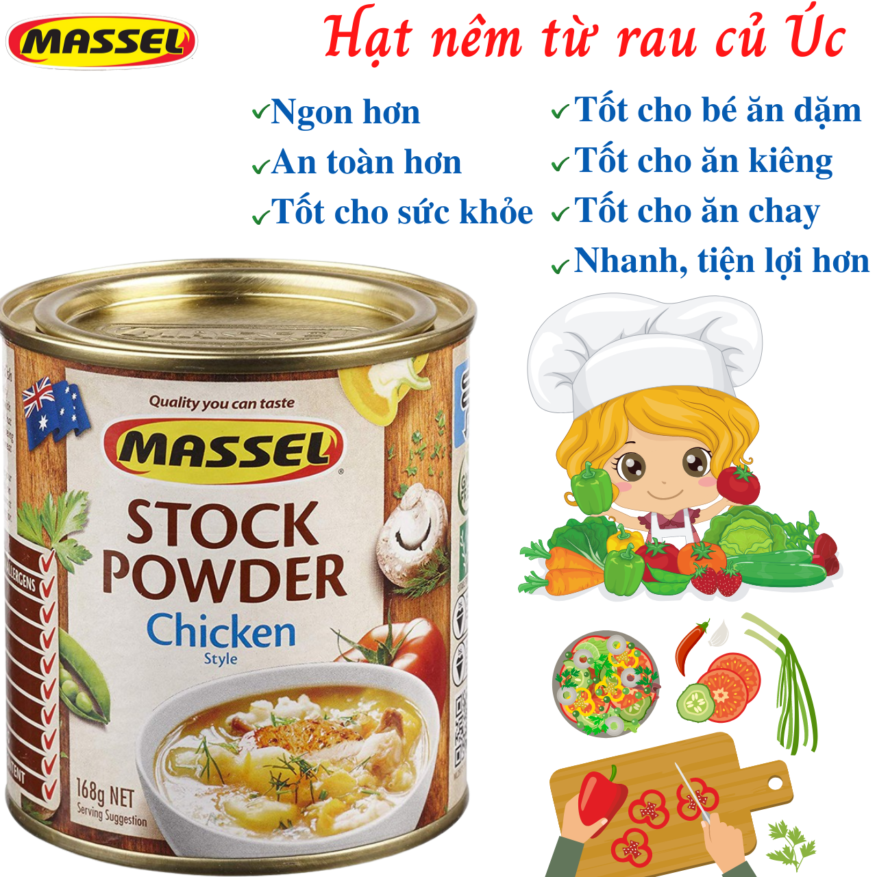 Hạt nêm rau củ Massel Úc 100% từ rau củ thảo mộc bảo vệ sức khỏe, dành cho ăn chay, ăn mặn, ăn kiêng, và cho bé ăn dặm - OZ Slim Store