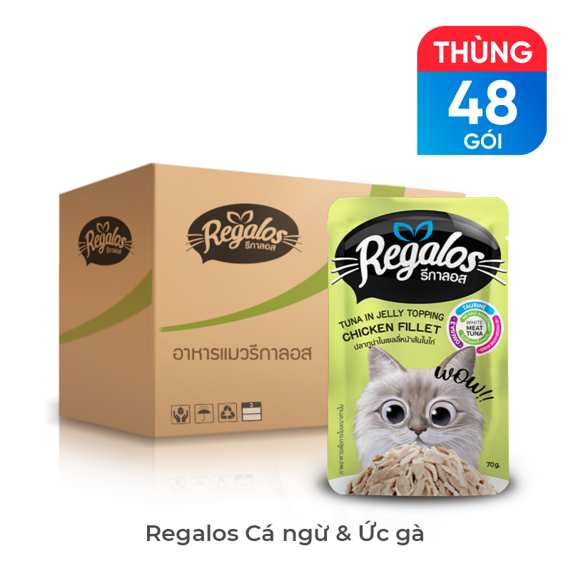 Thùng 48 gói thức ăn ướt cho mèo Regalos Thái Lan vị cá ngừ và ức gà