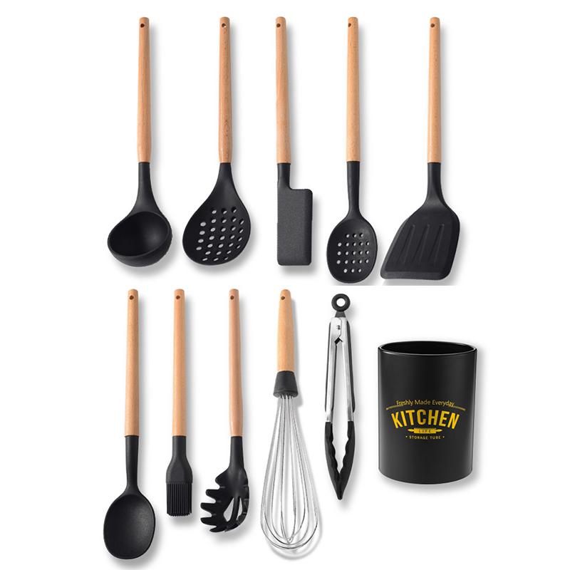 Nấu Ăn Nhà Bếp Tiện Dụng Bộ Chịu Nhiệt Độ Cao Không Dính Ốp Nồi Dụng Cụ Với Tay Cầm Bằng Gỗ Màu Trắng Sữa & Đen