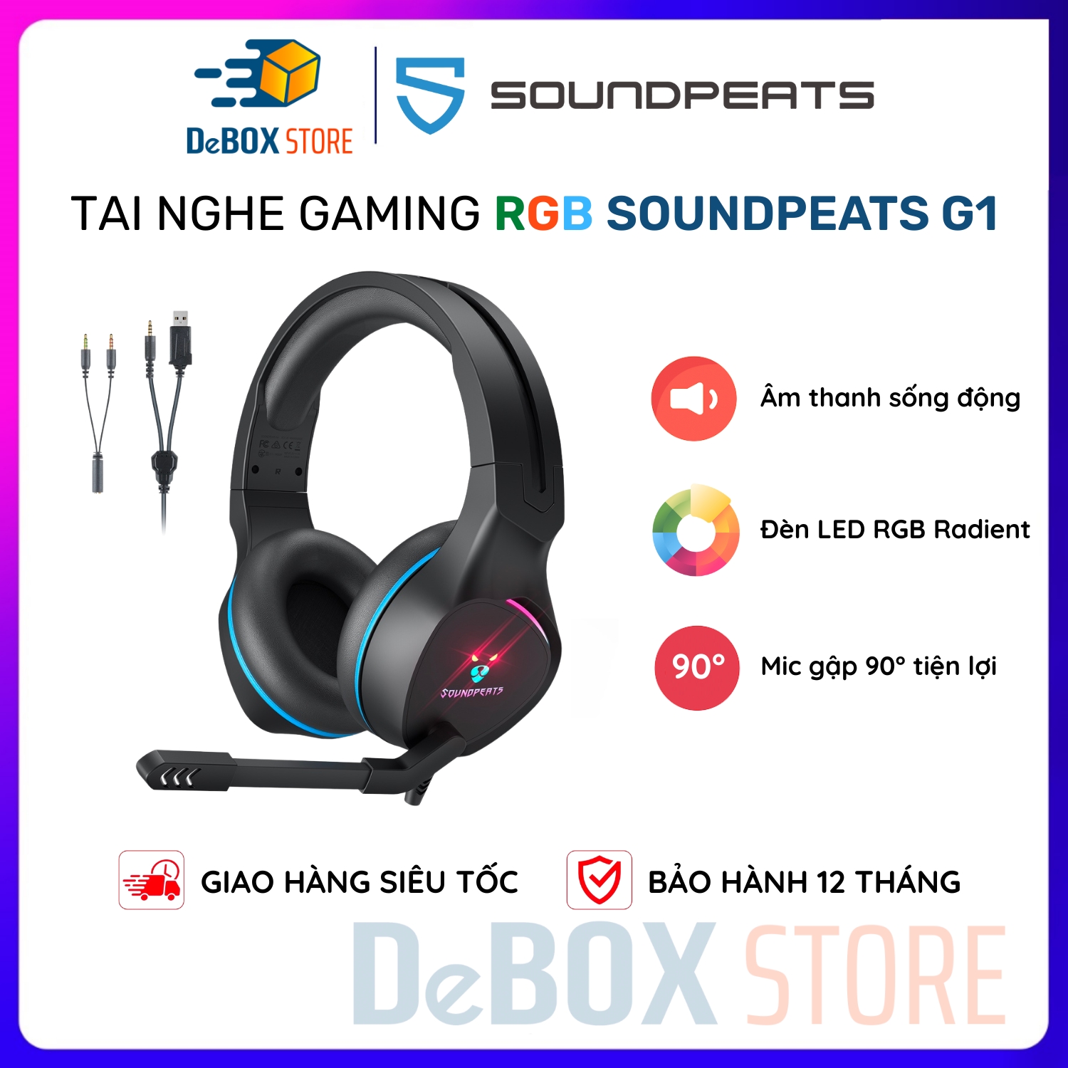 Tai nghe Gaming chụp tai SoundPEATS G1 đèn Led Radient, Micro xoay 90 độ, Âm thanh sống động - Hàng Chính Hãng