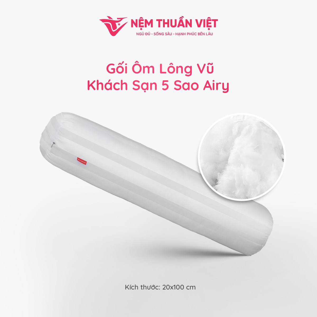 Ruột Gối Ôm Lông Vũ Airy Thuần Việt - Sợi Lông Vũ Nhân Tạo Microfiber Êm Ái Mềm Mịn - Kt 20X100Cm - 1 Gối