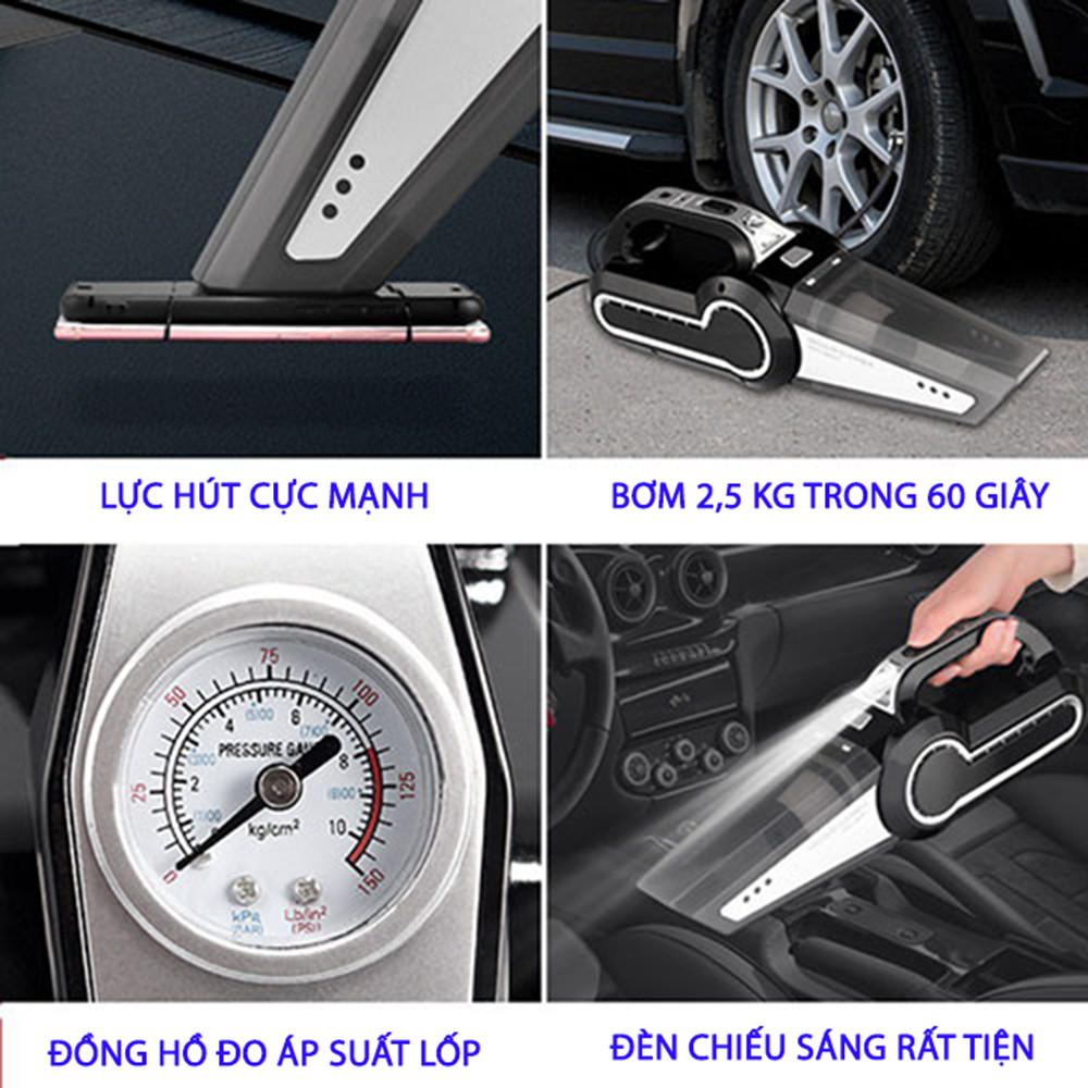 Máy Hút Bụi Ô Tô,Máy hút bụi Mini Cầm Tay Cao Cấp Công Suất 120W 4 In 1 bơm lốp,hút bụi,đèn chiếu sáng,đồng hồ đo áp suất lốpTốc độ vòng quay 4000 r/min- Chạy siêu êm,Siêu Mạnh-MHBTP06