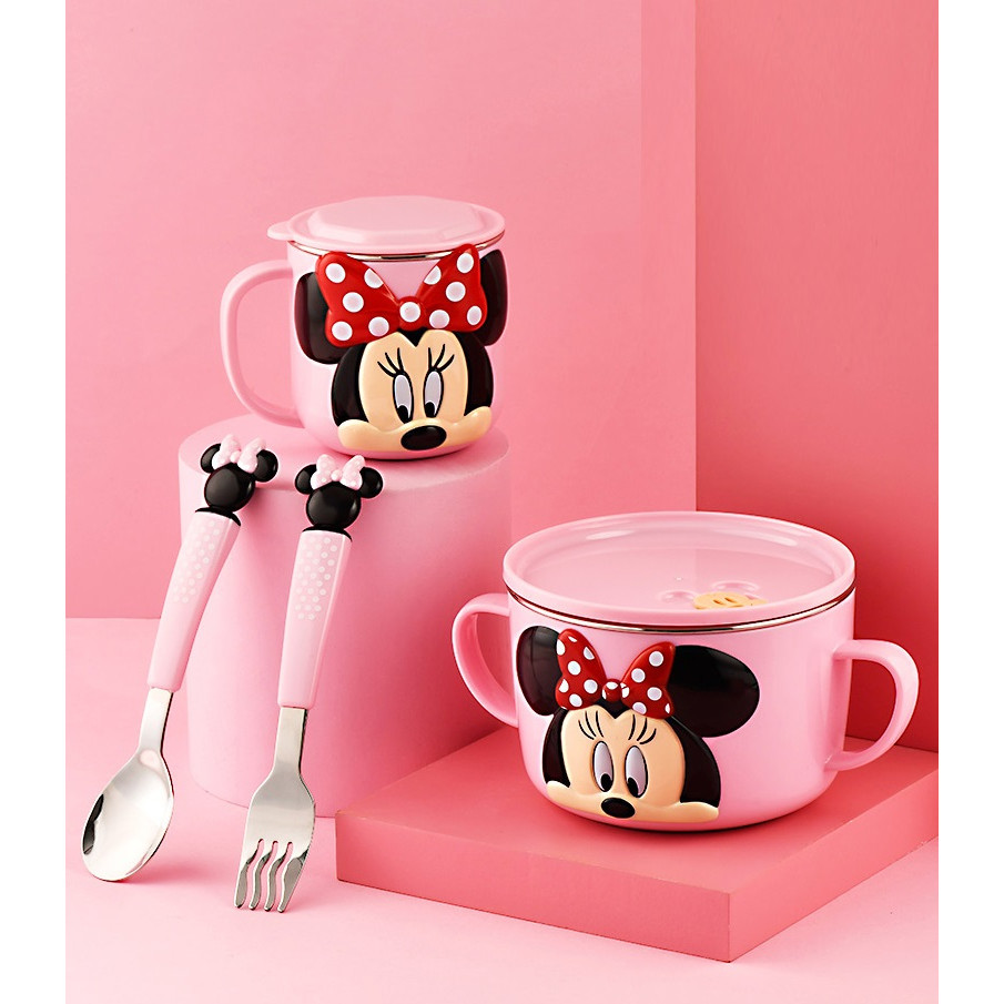 Set ăn uống 4 món tô, ly, muỗng, nĩa inox giữ nhiệt hình chuột Minnie 3D màu hồng cho bé gái - 397VNDM2346