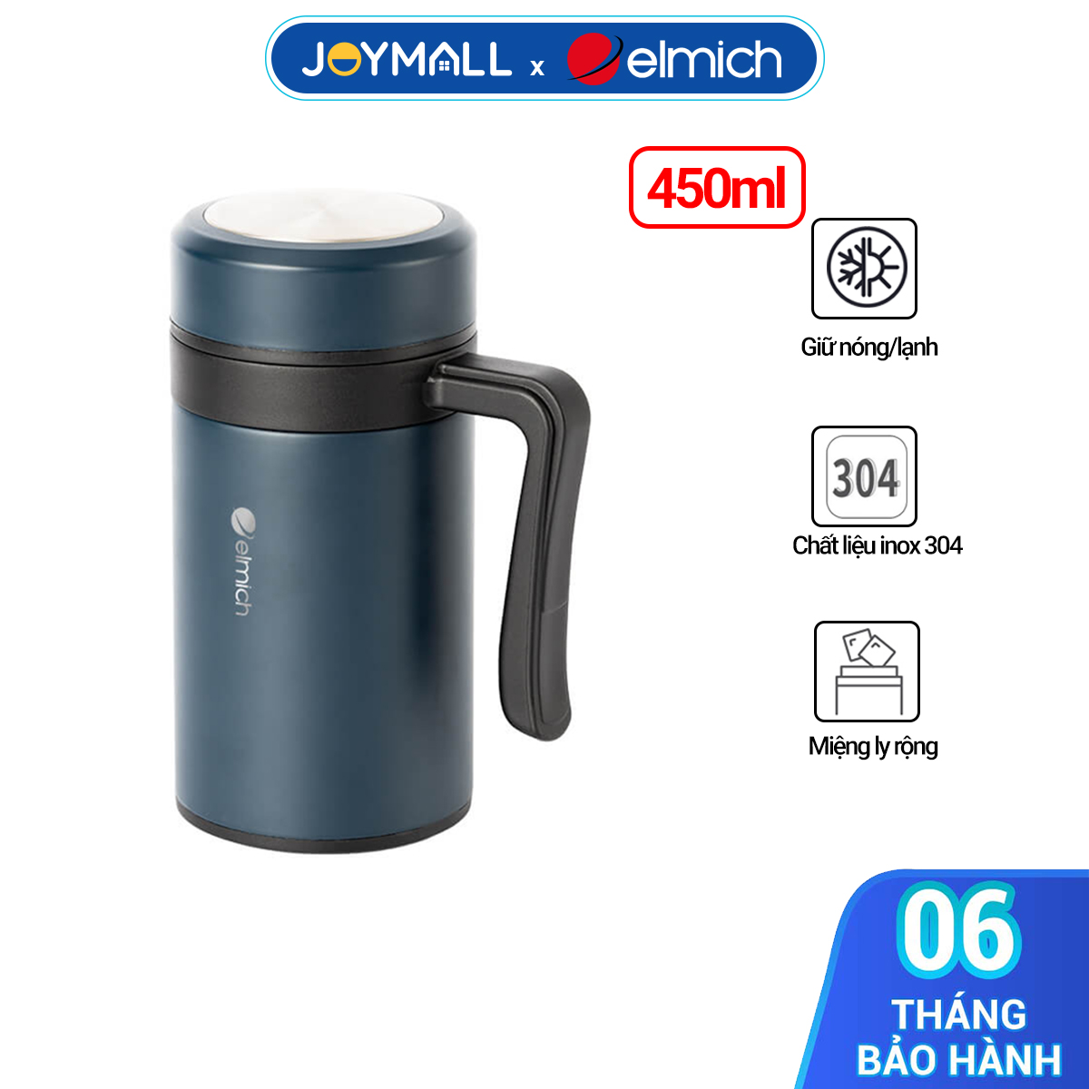 Ly giữ nhiệt inox 304 Elmich EL8329 450ml, Hàng chính hãng, có tay cầm, có khay lọc trà, miệng rộng dễ vệ sinh - JoyMall