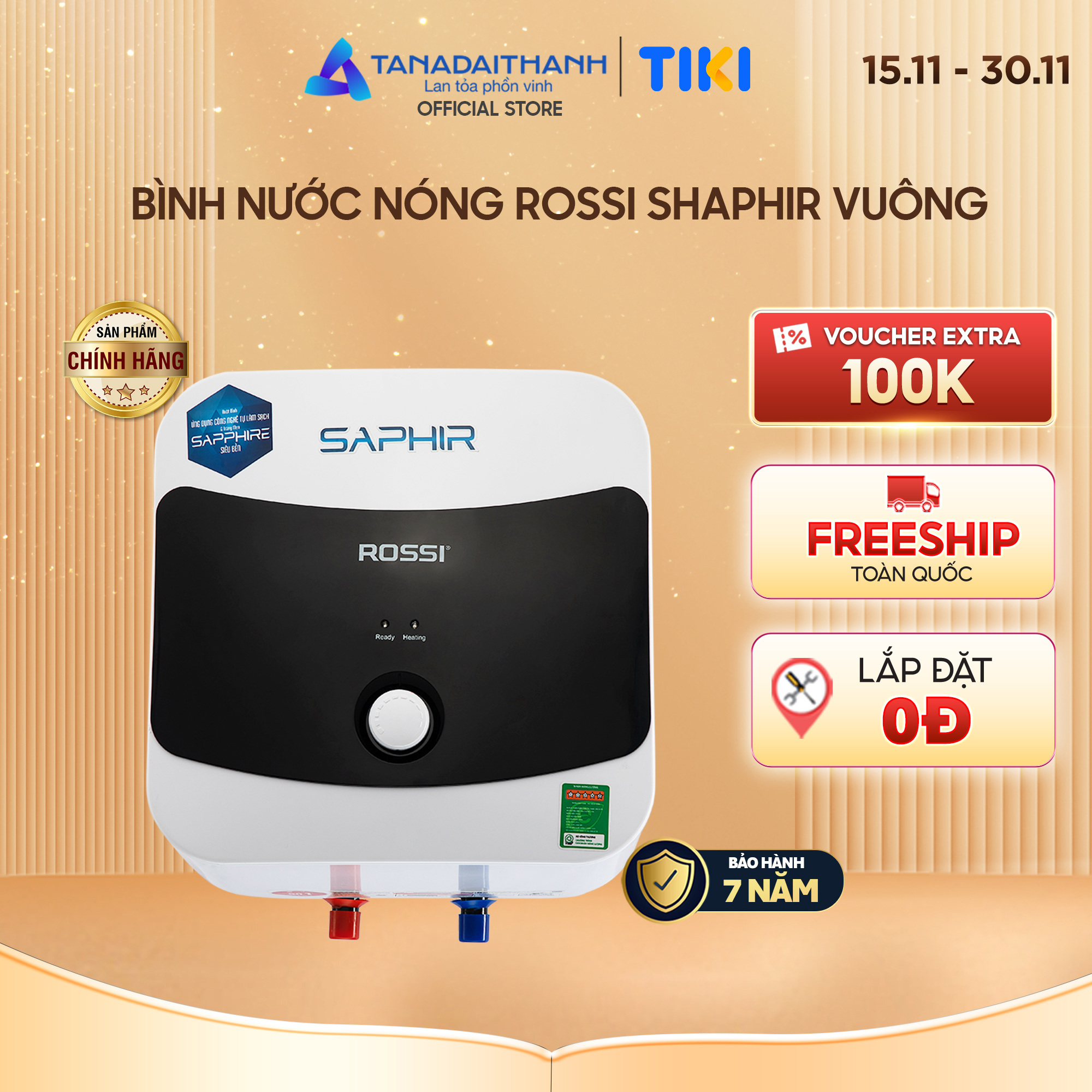 Bình nước nóng Rossi Saphir 20L vuông Chính Hãng