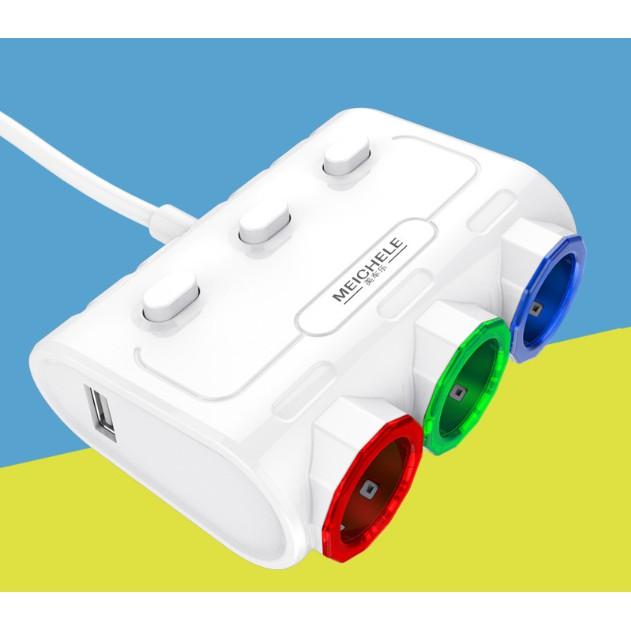 Bộ chia nguồn ô tô Meichele cao cấp 3 Tẩu - 2USB LCD