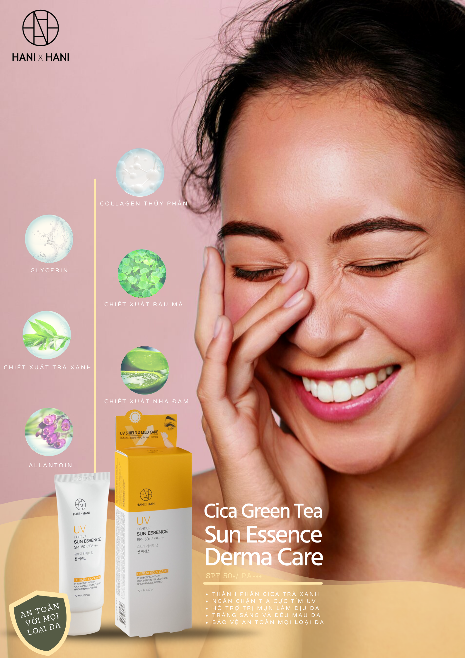 [CHÍNH HÃNG] Kem Chống Nắng Vật Lý Dưỡng Da làm sáng và săn chắc da Cica Green Tea Light Up SPF 50+/ PA+++  an toàn với mọi loại da, không vón cục, không bết dính, không bóng dầu dùng được cho da nhạy cảm, da mụn và da trị liệu Hani x Hani 70ml