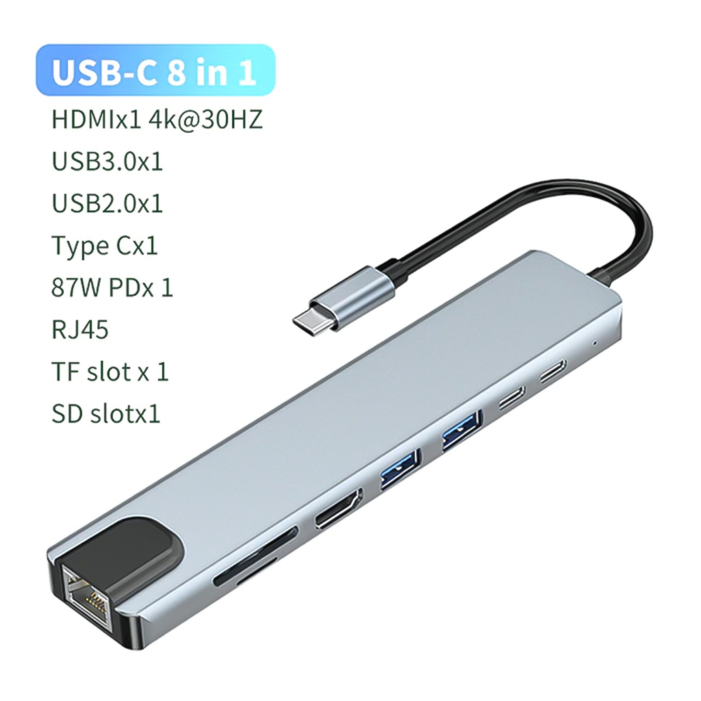Vinetteam Hub USB TYPE-C 8 Cổng HDMI 4K 60Hz/ USB 3.0/ TF/ SD/ RJ45 100Mbps Dành Cho Macbook, PC Và Devices - Hàng Chính Hãng