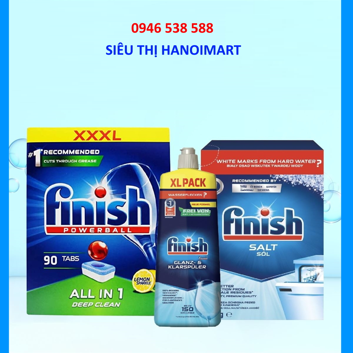 Combo viên rửa bát Finish All in 1 100 viên + Muối Finish 1,5kg + Nước làm bóng Finish 750ml