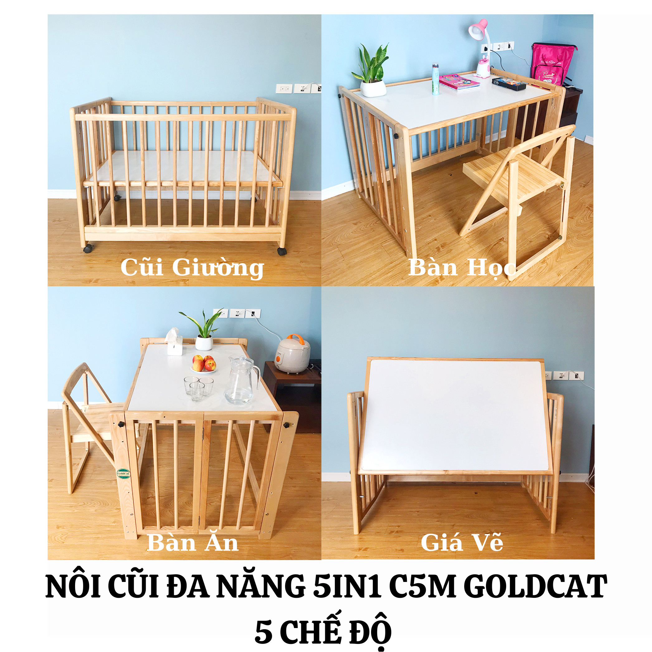 Nôi Cũi Đa Năng 5in1 C5M Goldcat 5 Chế Độ Chất Liệu Gỗ Sồi Mộc ( Cũi-Giường-Bàn học-Bàn học-Giá vẽ)