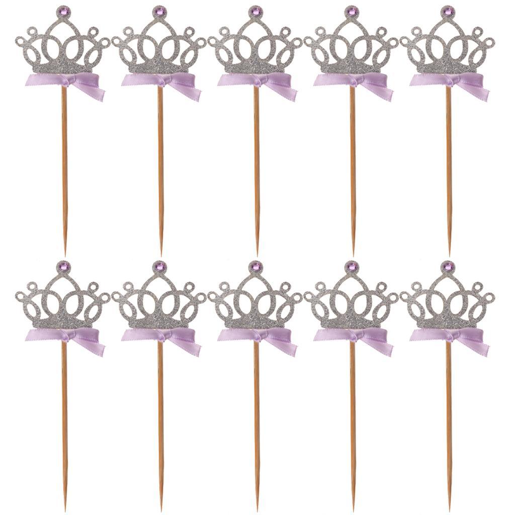 10pcs/set Crown Cake Topper Cupcake Picks with Ribbon Pink and Gold