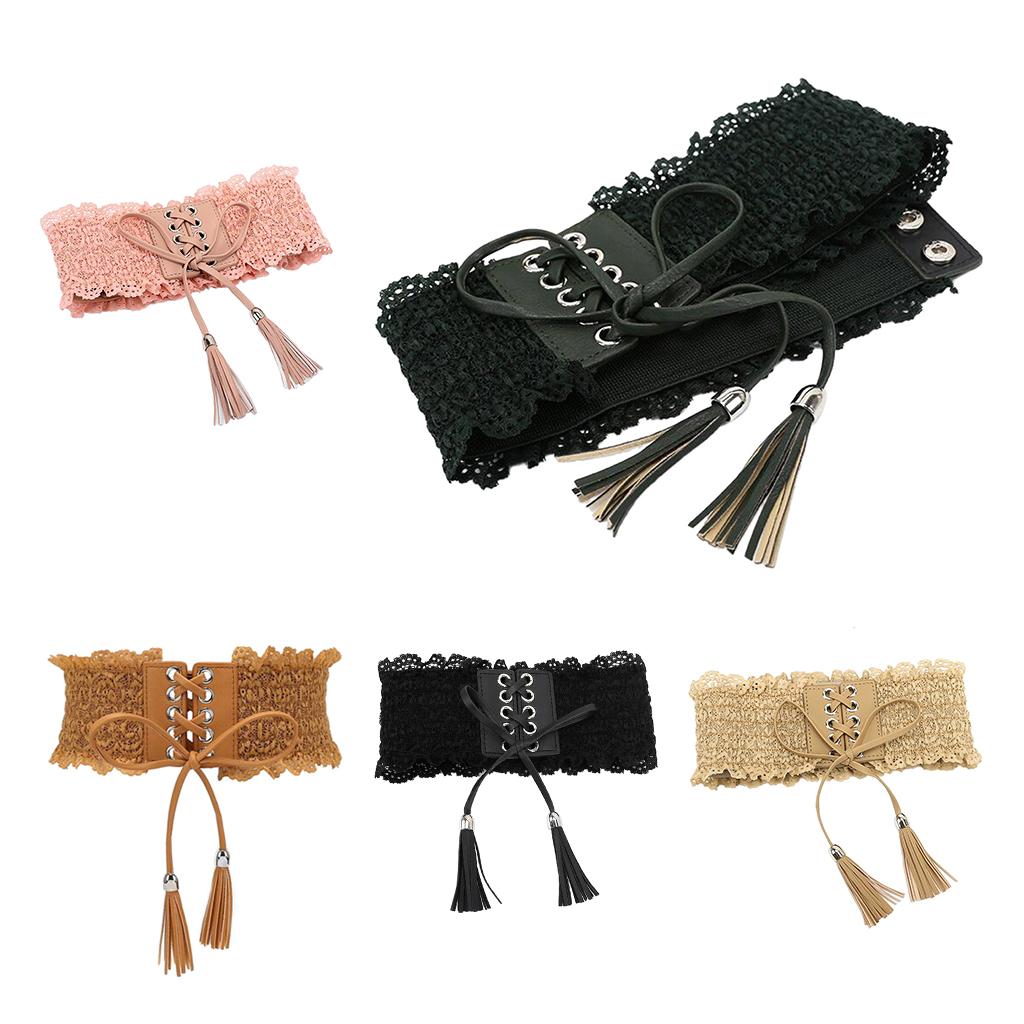 Womens Lace Leather Wide Waist Belt Elastic Band Corset Light Tan