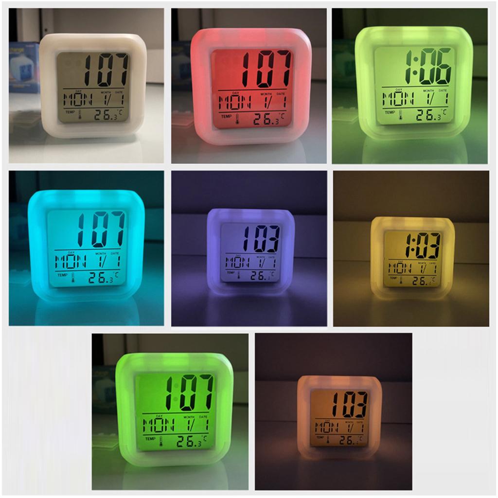 Đồng hồ điện tử vuông để bàn có đèn led đổi màu 7 kiểu, đo nhiệt độ phòng