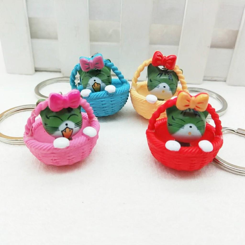 Móc khóa giỏ mèo-Móc khóa mèo ngồi Giỏ mây-Móc khóa mèo con trong giỏ