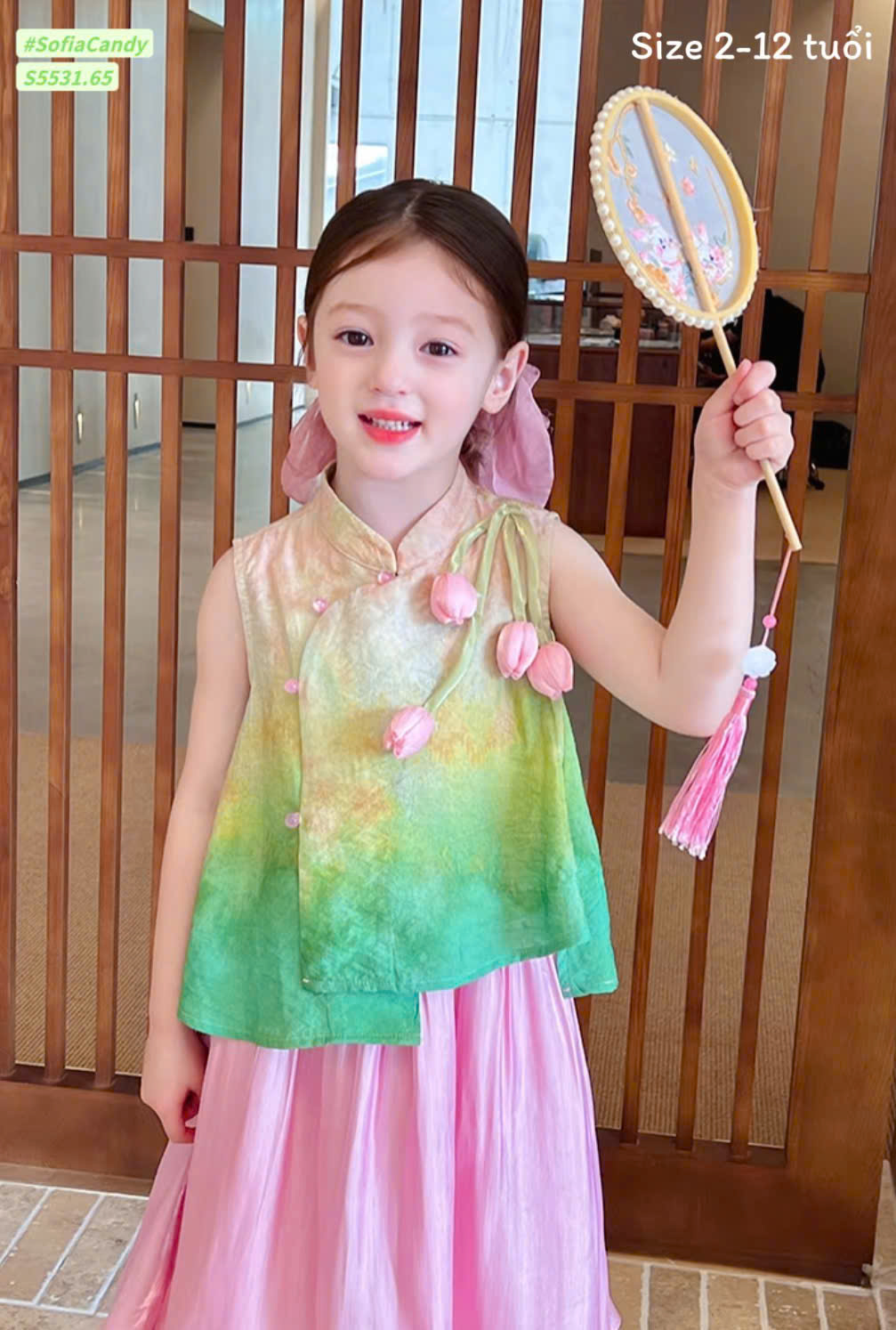 set váy đầm sườn xám cho bé gái diện tết năm mới 10-40kg lụa mềm mát hoa nổi