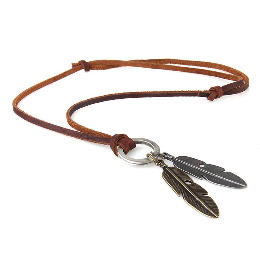 Double Charm Silver&Gold Leaves Pendant Adjustable PU Leather Rope Necklace