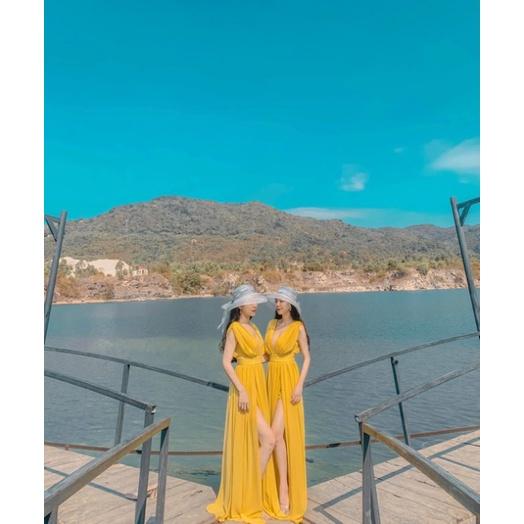 Đầm váy Maxi Vintage voan lót lụa vàng đỏ cổ V đi biển dự tiệc dạo phố bigsize gợi cảm sexy