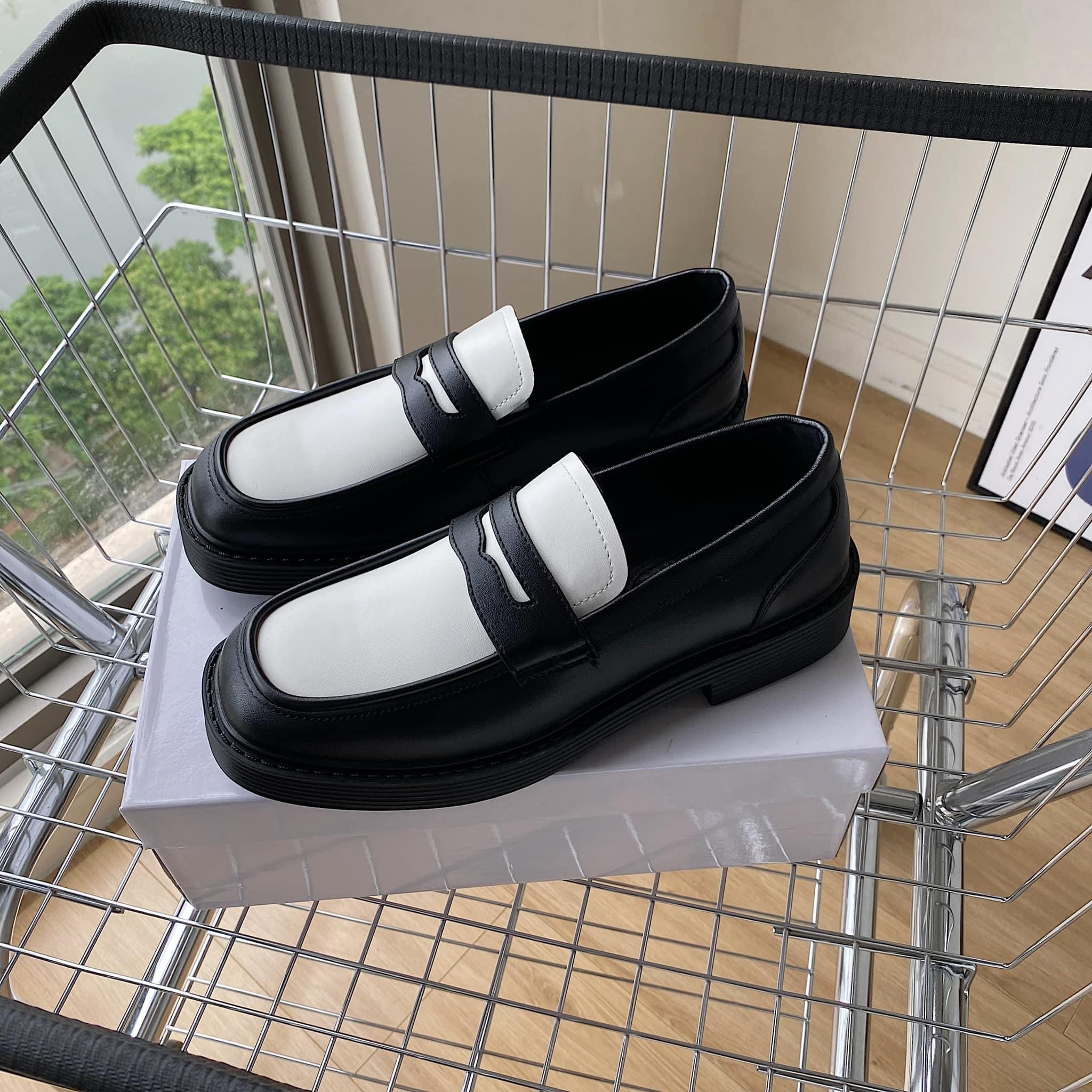 Giày penny loafer black and white, giày lười đốc, đế cao, khâu đế phối màu thời thượng