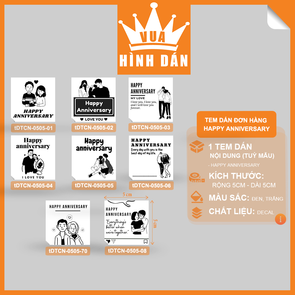 Set 50/100 sticker HAPPY LOVE ANNIVERSARY 5x5cm - tem dán, nhãn dán hộp, gói quà, túi hàng