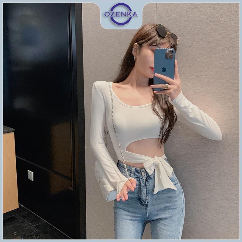 Áo croptop nữ tay dài hở eo gợi cảm OZENKA , áo crt kiểu cổ vuông ôm body buộc nơ sang chảnh đen trắng dưới 55 kg