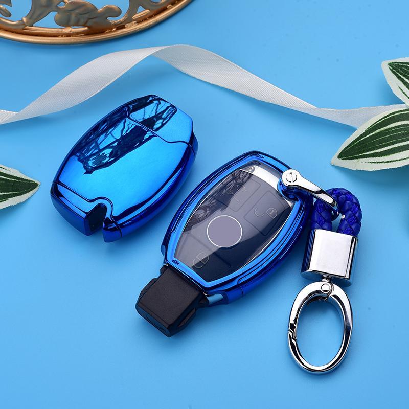 Ốp, bọc chìa khóa silicon màu tráng gương bảo vệ chìa khóa xe Mercedes kèm móc đeo INOX - 2 Nút