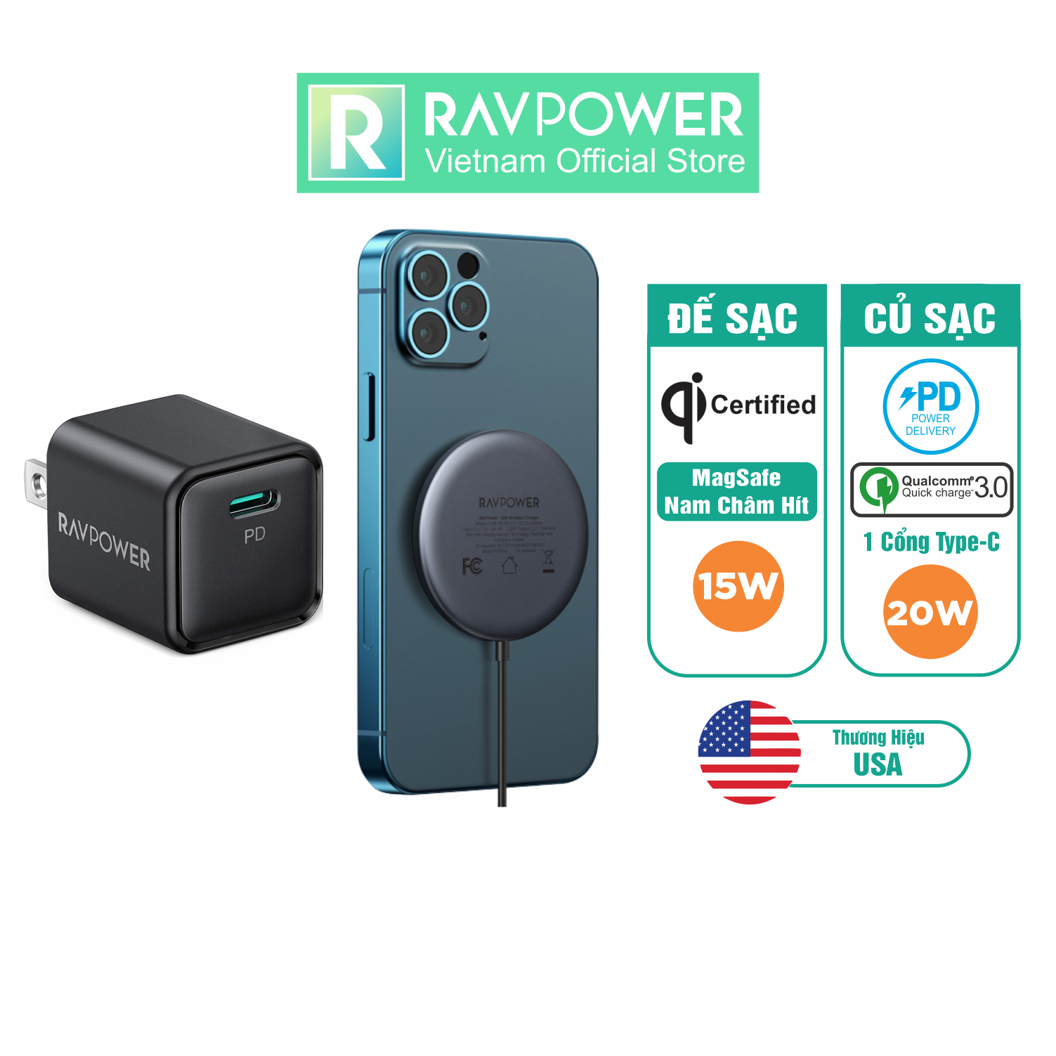 Bộ Sạc Không Dây Mag.Safe Nam Châm Hít 15W RAVPower RP-WC012-WC-B Kèm Củ Sạc Type-C 20W Dành Cho iPhone 14, Cho iPhone 13, iPhone 12 - Hàng Chính Hãng