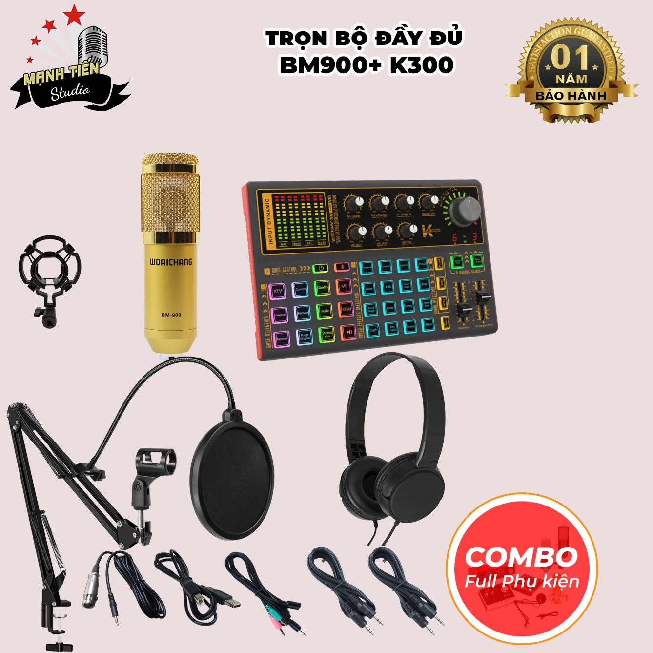 Bộ Combo livestream Micro Woaichang BM900 Sound card K300 - Kèm full phụ kiện kẹp micro, màng lọc, dây livestream ma1, tai nghe chụp tai - Thu âm, livestream, karaoke online 3 điện thoại cùng lúc - Hàng nhập khẩu