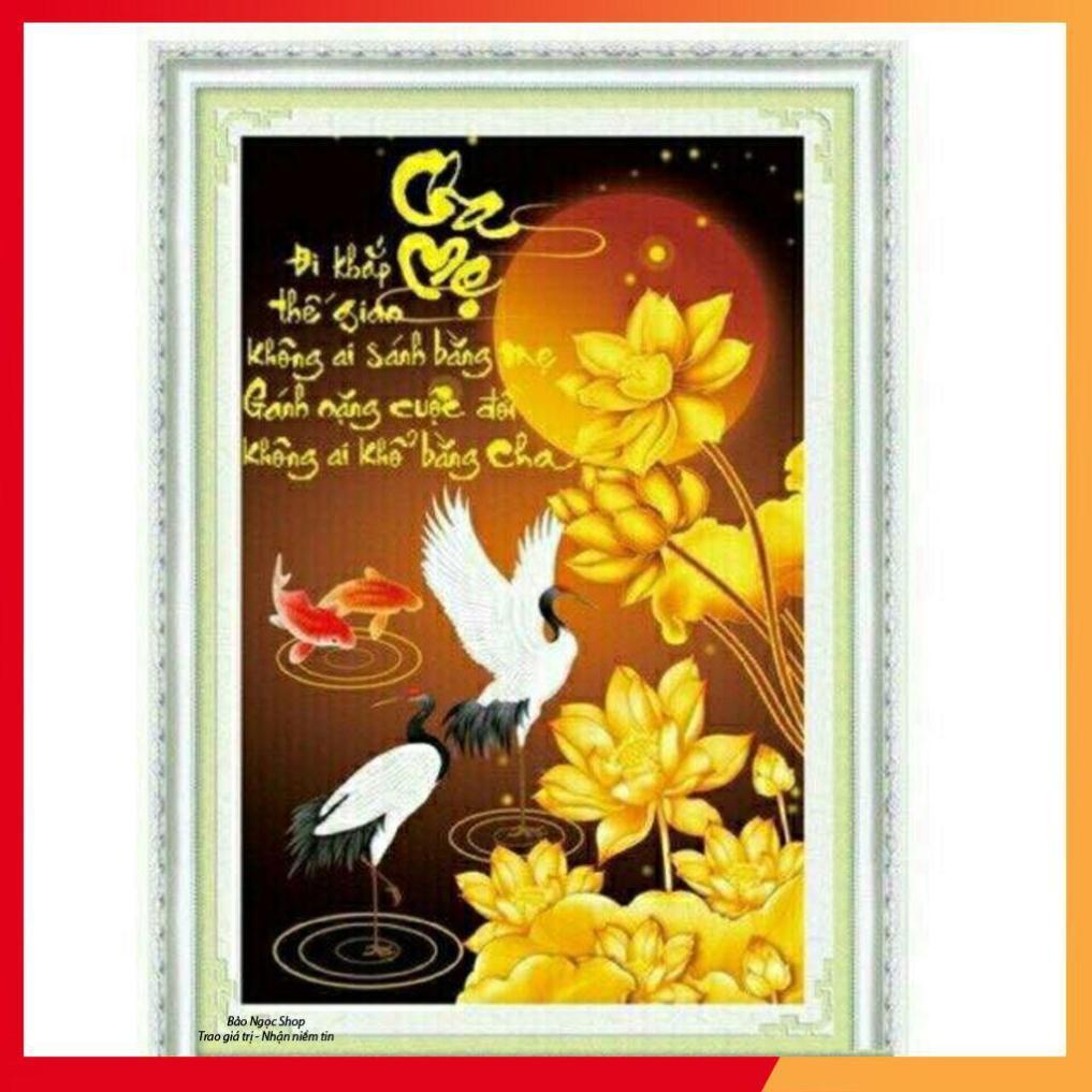 Tranh thêu chữ thập CHA MẸ kích thước: 46×66 cm. Chưa thêu.