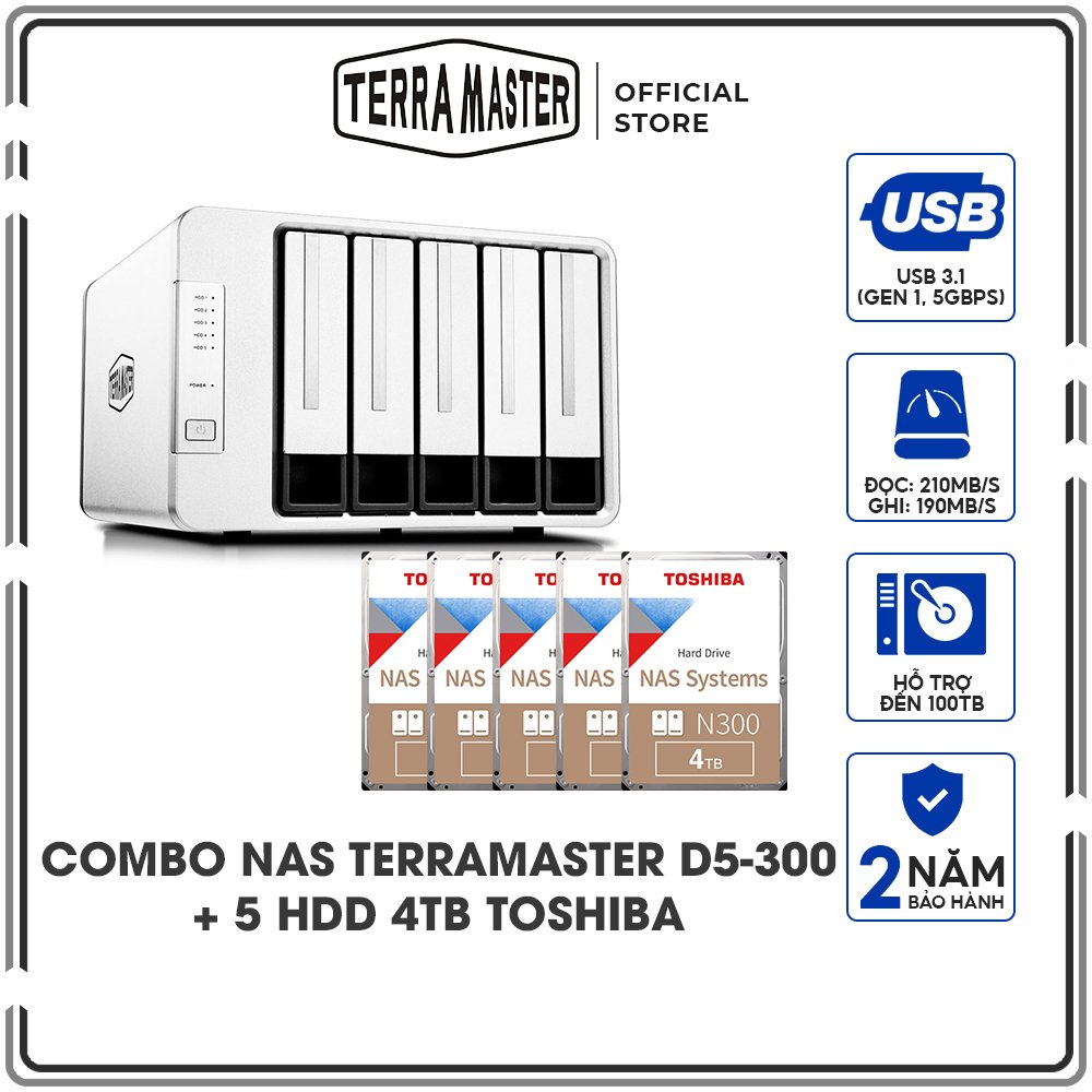 Combo Ổ cứng mạng DAS TerraMaster D5-300 + 2 Ổ cứng NAS iHDD Toshiba N300 4TB - Hàng chính hãng