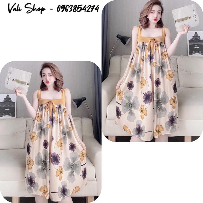 Váy ngủ lụa latin 2 dây xoè hoạ tiết freesize 42-60kg