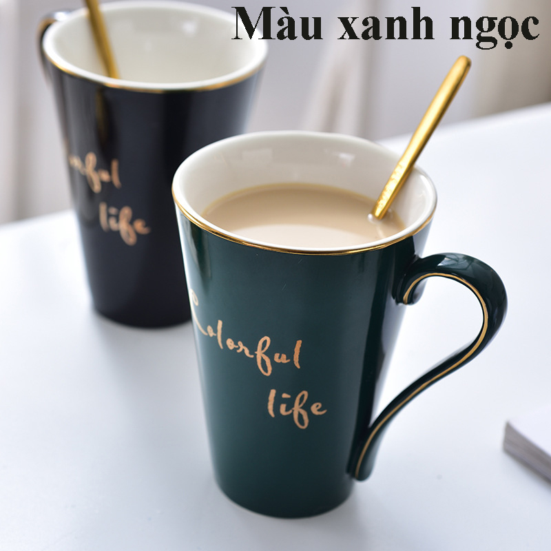 Ly Cốc Chén uống Nước Trà Cafe Sinh Tố bằng men gốm Ngọc Lục Bảo màu xanh ngọc tặng kèm thìa khuấy vàng sang trọng,Kích thước 12 x 12 x 9 cm,dung tích 400ml - Ly Cốc Chén uốn trà cafe