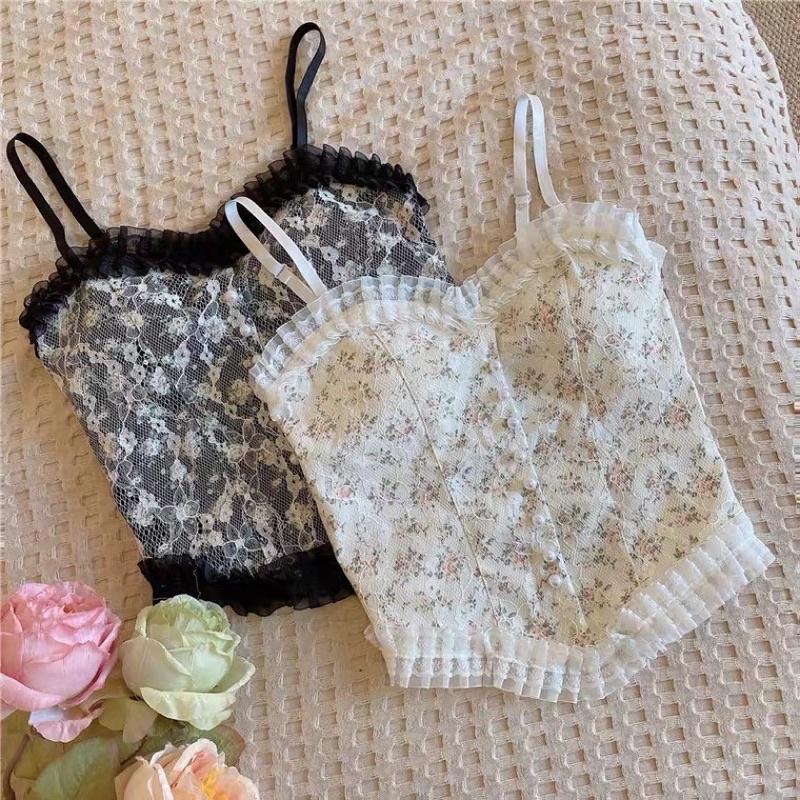 Áo Hai Dây Dáng Croptop Phối Ren Hoạ Tiết Hoa Nhí Đính Cúc Ngọc Áo Corset Hai Dây Có Chun Lưng Thoải Mái